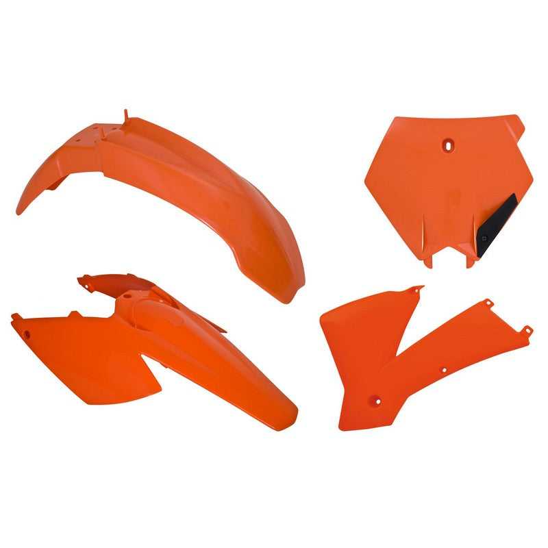 RTECH, PLASTIC KIT  RTECH FRONT & REAR FENDERS, SIDEPANELS & RADIATOR SHROUDS & FRONT NUMBER PLATE KTM